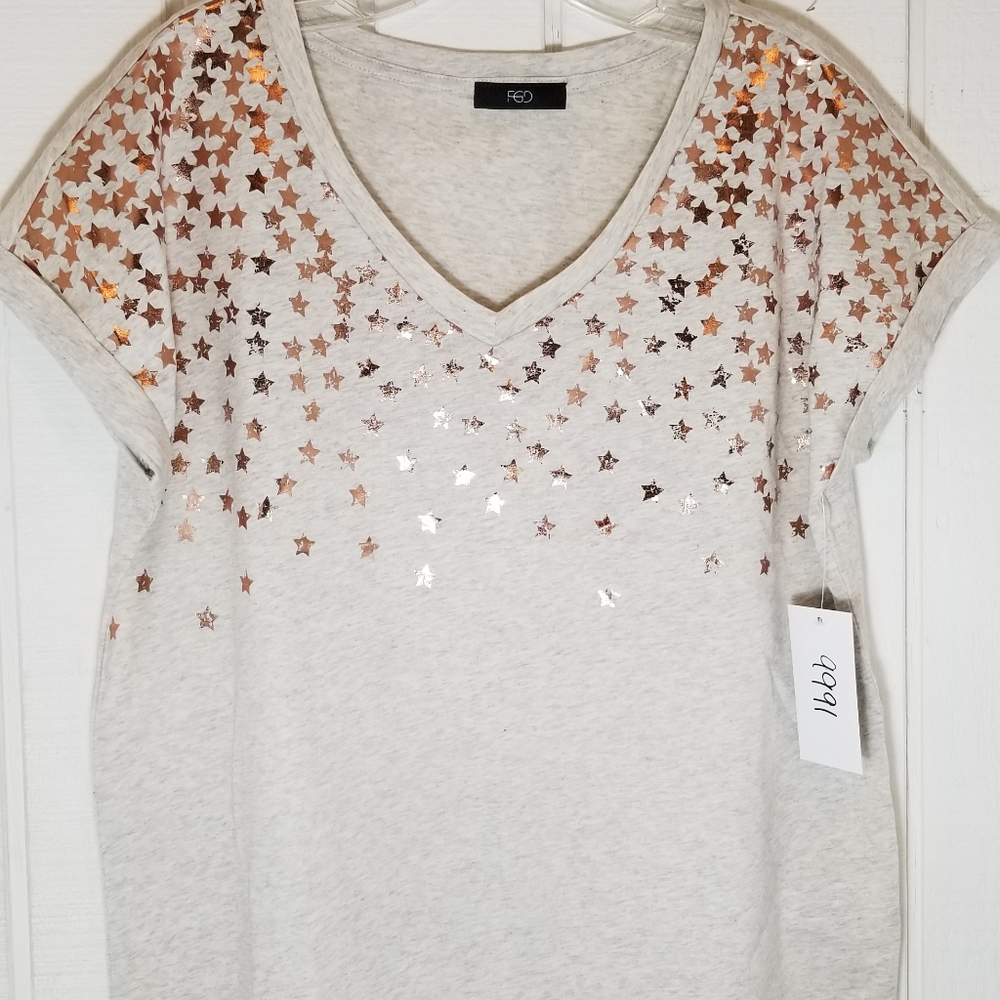 V Neck tee-Heather Oatmeal-foil metallic stars